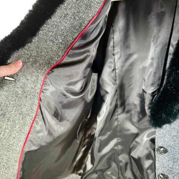 Talbots Women's 16 Gray Herringbone Aberdeen Shetland Blazer Faux Fur Collar - Picture 7 of 12